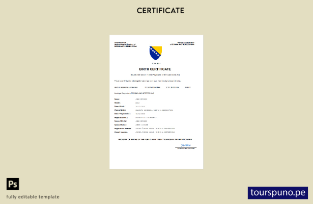 listo para imprimir certificado de nacimiento del registro civil de Bosnia y Her
